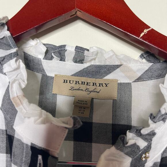 Burberry White Black Plaid Print Three-Quarter Sleeve Button-Up Top sz 12 - Picture 4 of 9